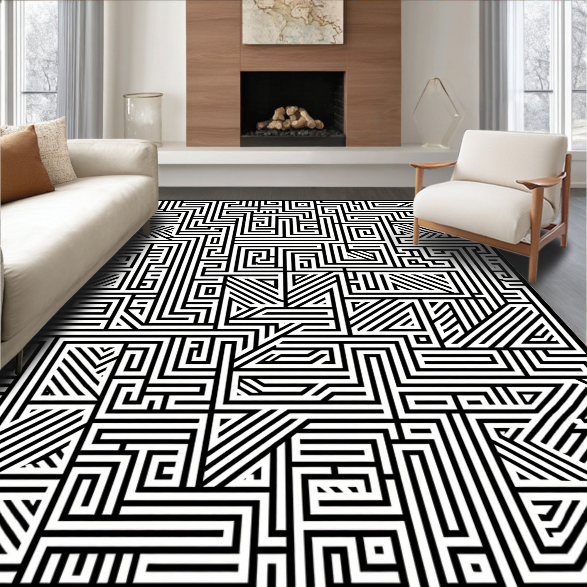 Black White Abstract Maze Pattern Rug