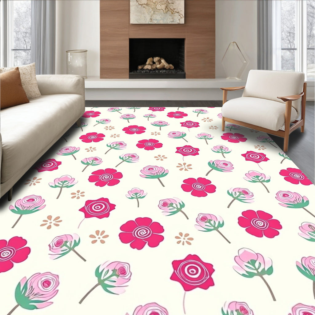 Pink White Floral Pattern Rug