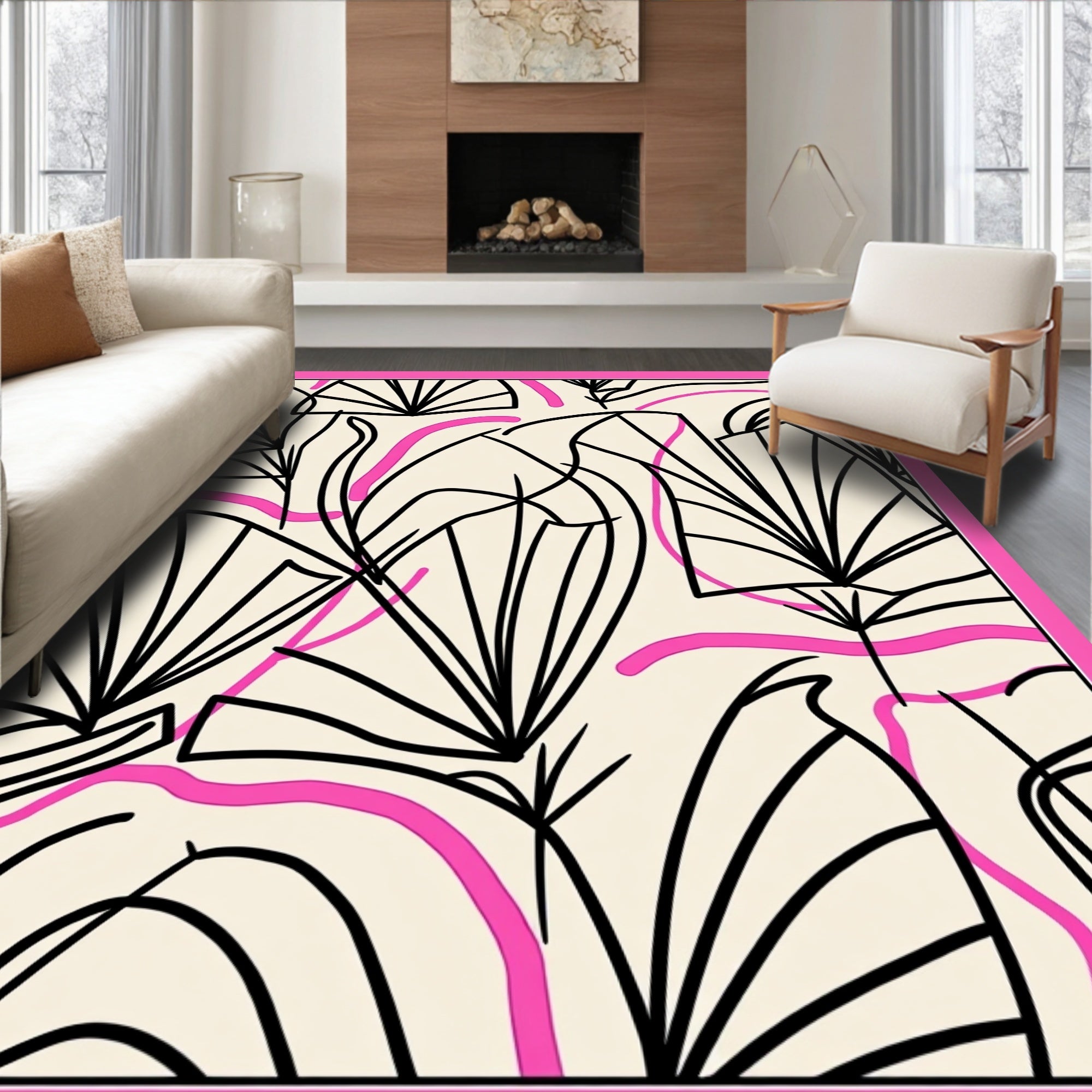 Botanical Lines Curves Pink Rug