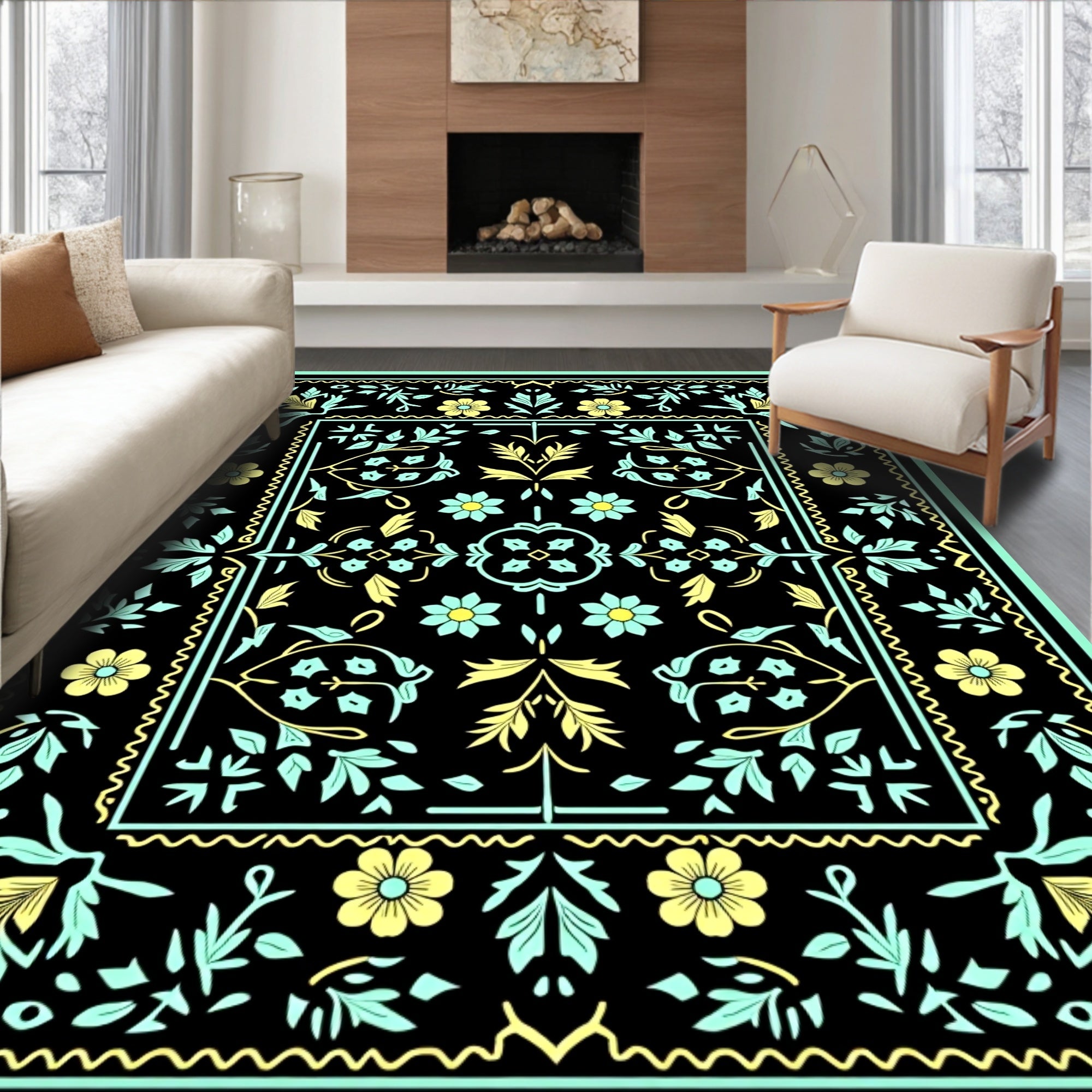 Black Yellow Floral Vine Rug