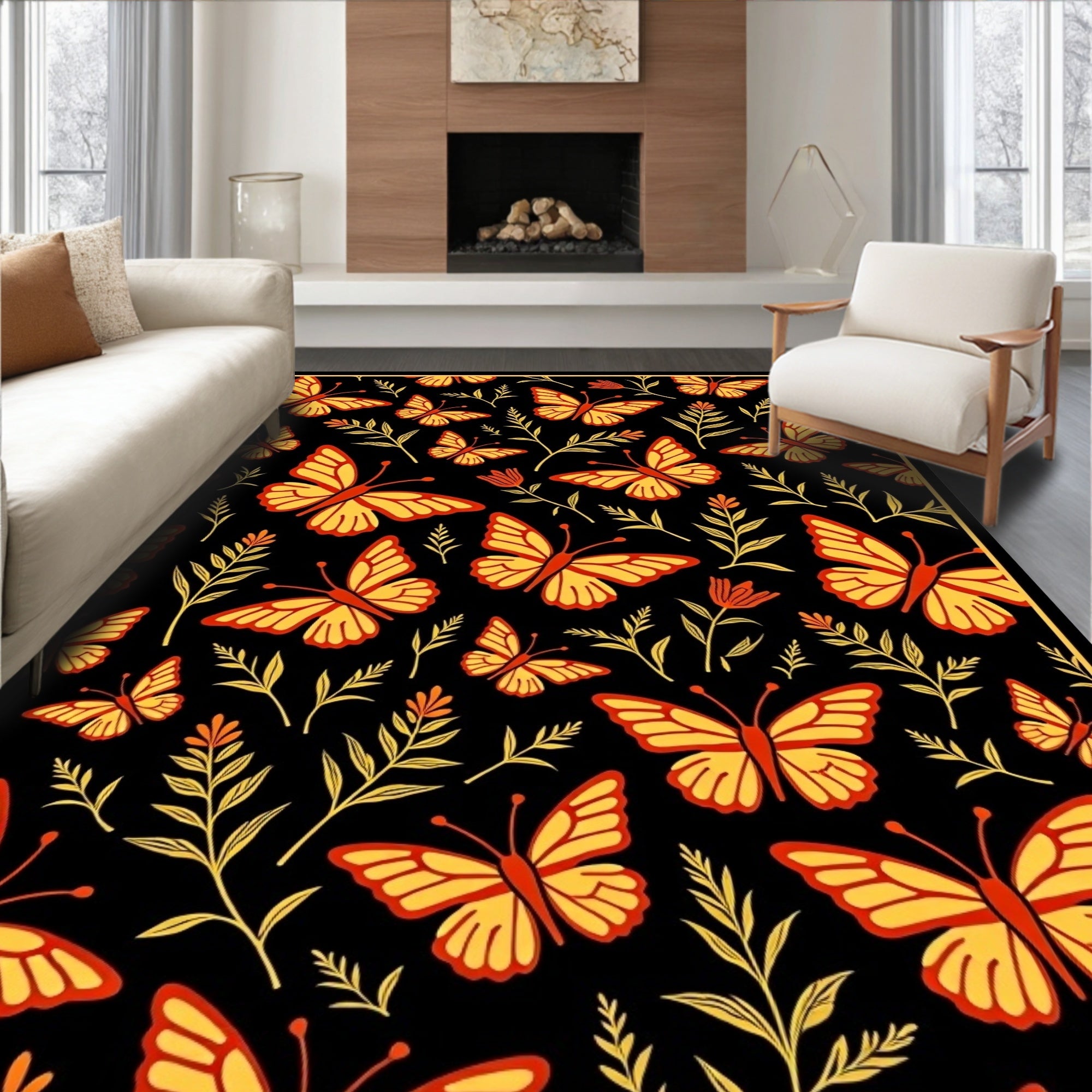 Yellow Butterfly Floral Pattern Rug