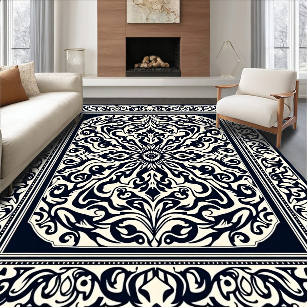 Ornate Black Cream Floral Mandala Rug