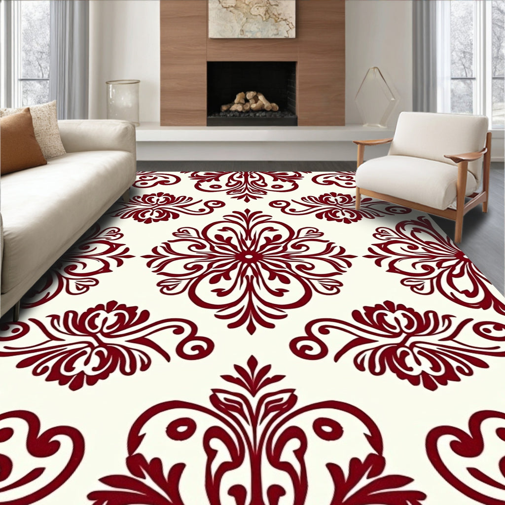 Deep Red Floral Swirl Pattern Rug