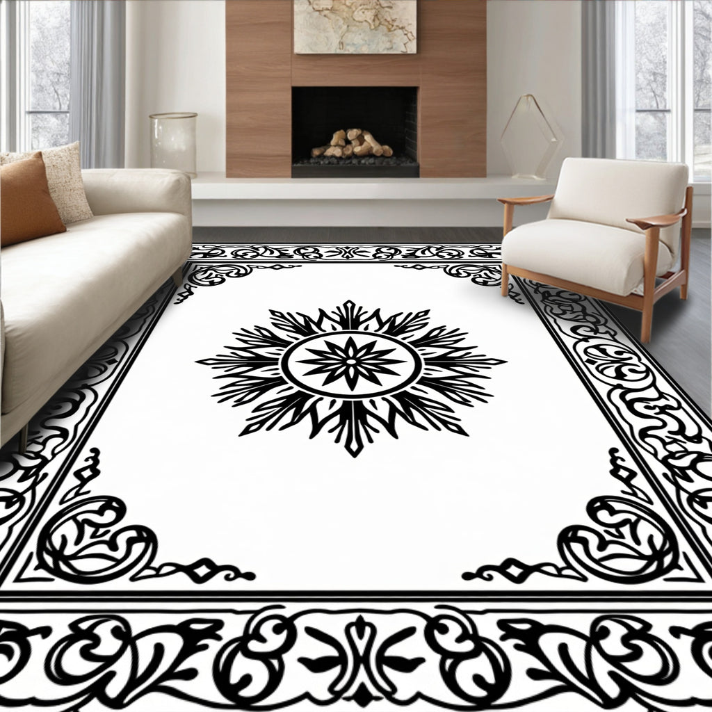 Ornate Black White Medallion Border Rug