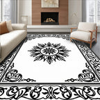 Ornate Black White Medallion Border Rug