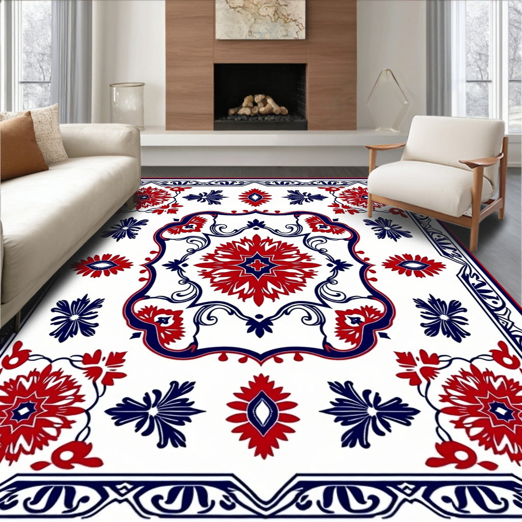 Red and Blue Floral medallion Tile Rug