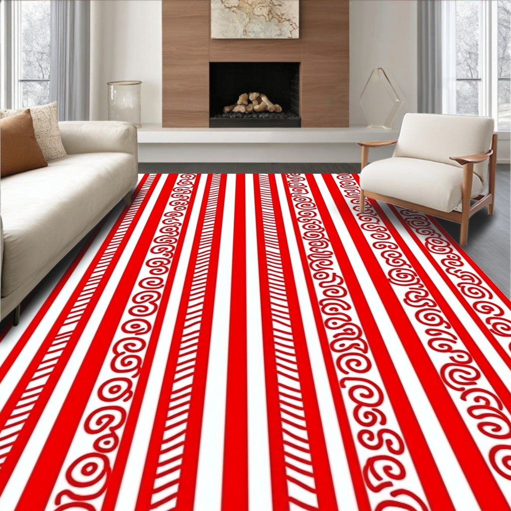 Bold Red White Scroll Stripe Rug