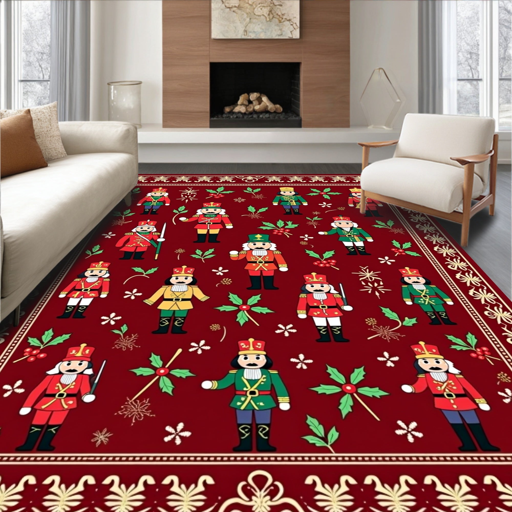Festive Red Nutcracker Soldier Garland Rug
