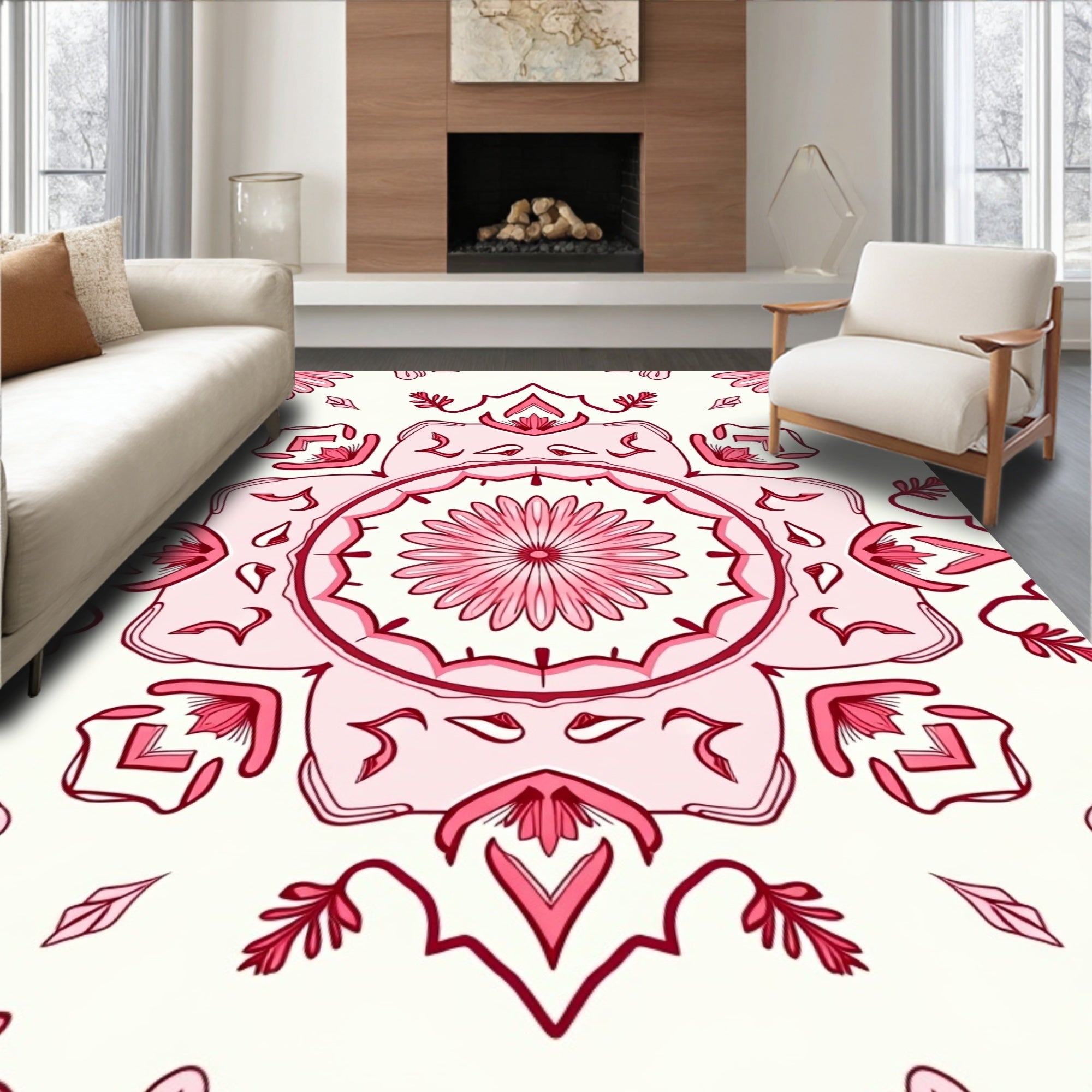 Vintage Pink Floral Tile Pattern Rug
