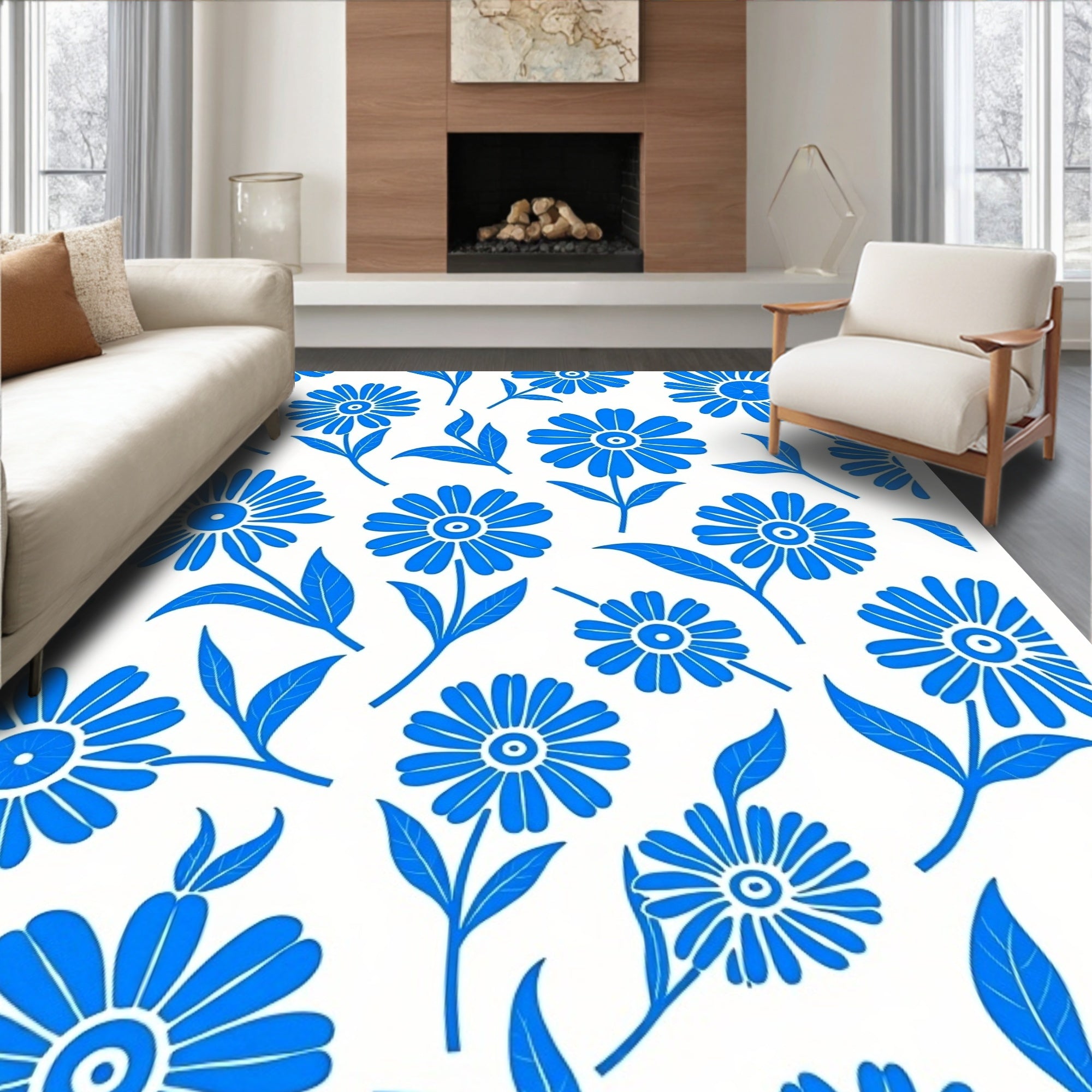 Blue Flower Pattern Motif Rug