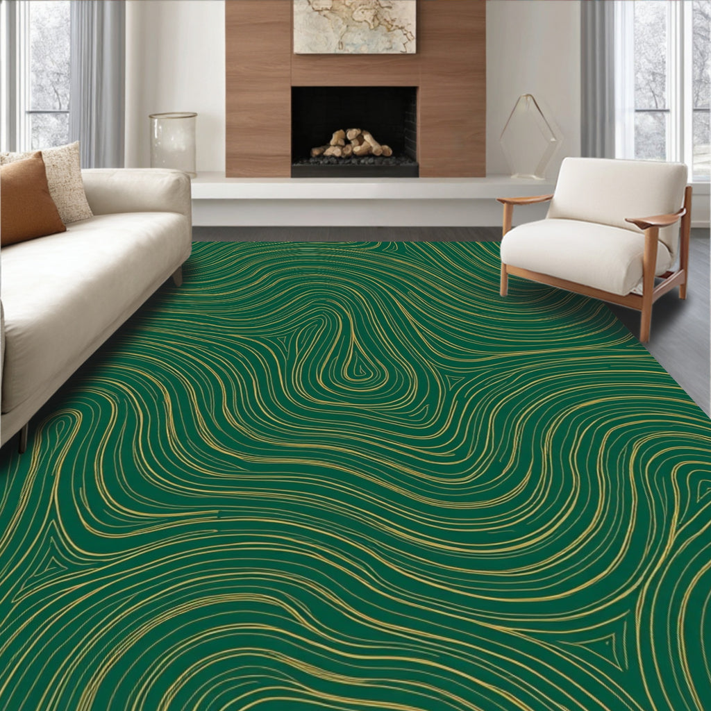 Deep Green Gold Abstract Swirl Pattern Rug