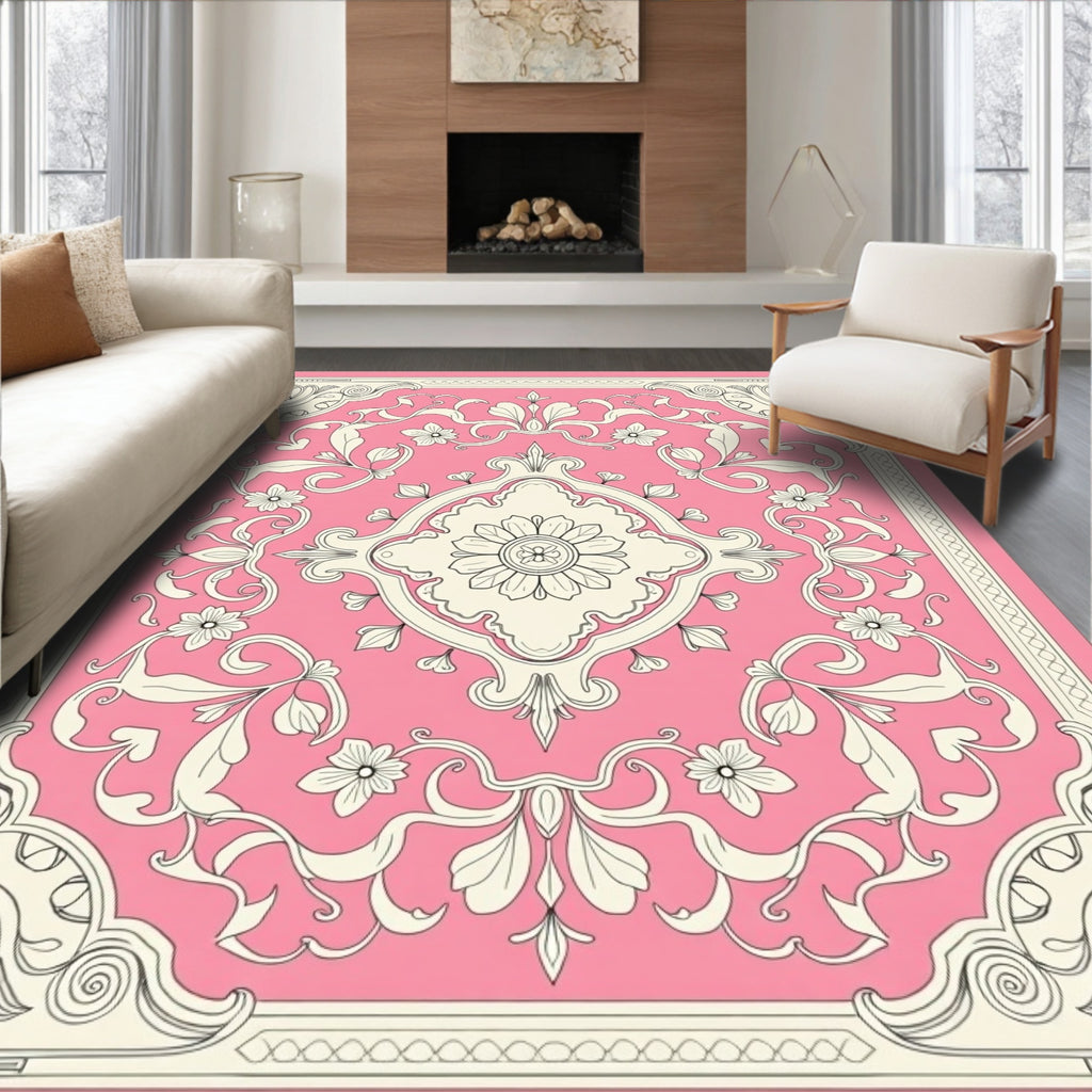 Floral Scrollwork Pink Ivory Tapestry Design Rug