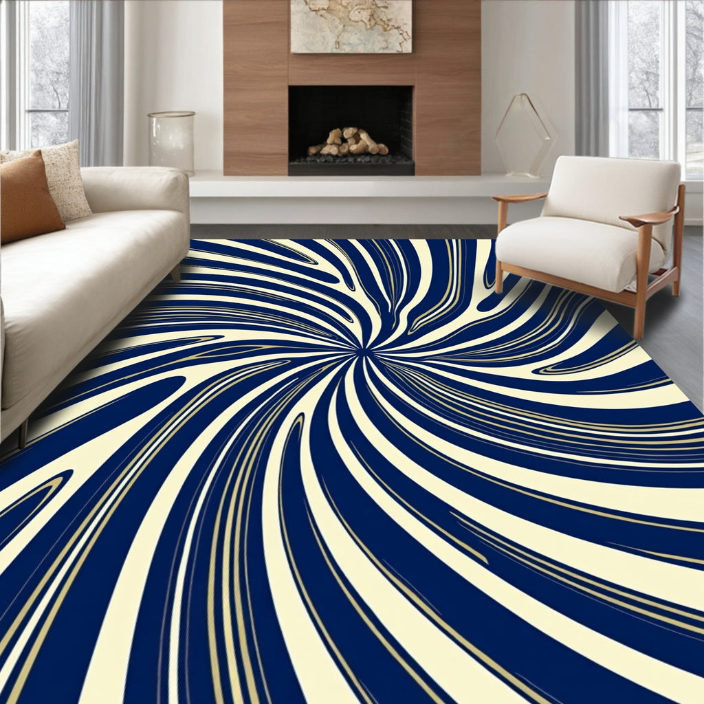 Dynamic Swirl Blue Beige Abstract Rug