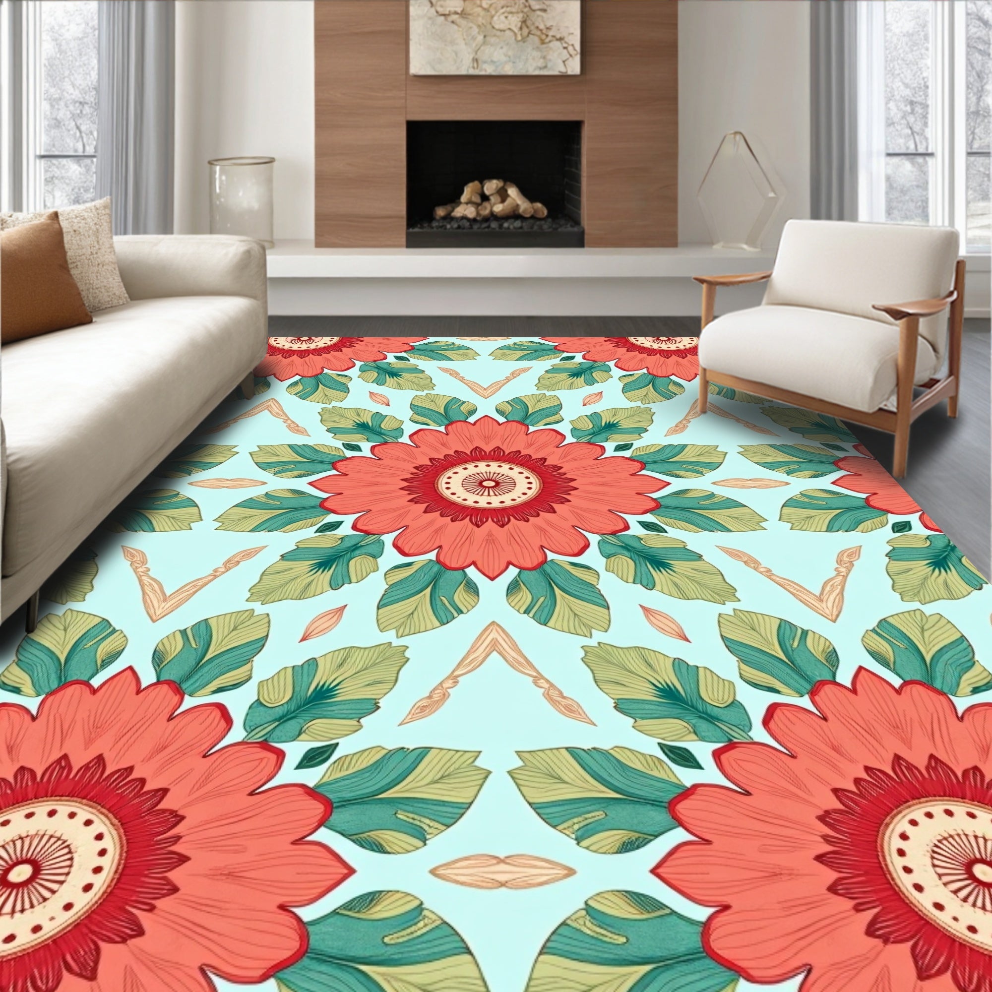 Coral Floral Meadow Medallion Design Rug