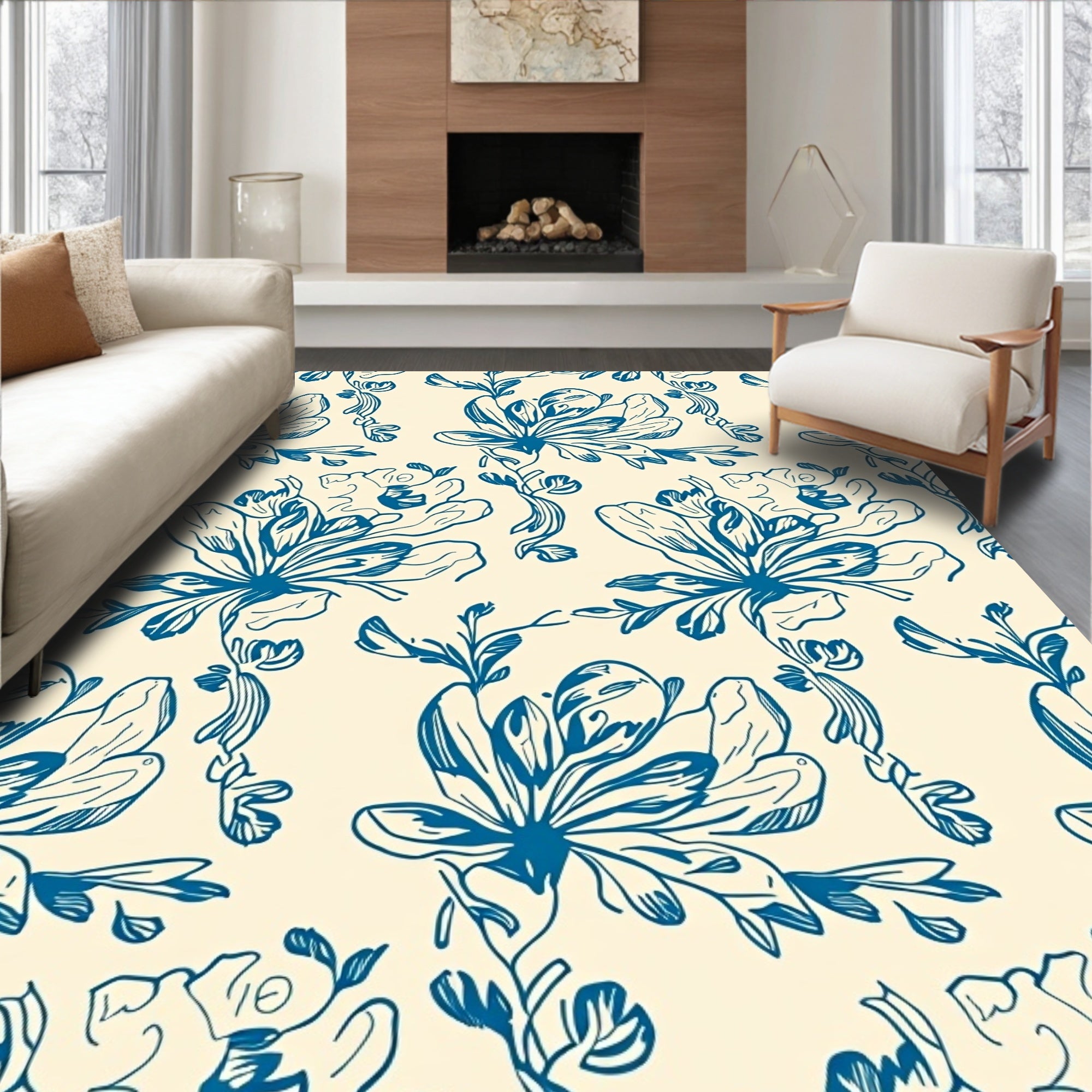 Blue Floral Sketch Pattern Rug