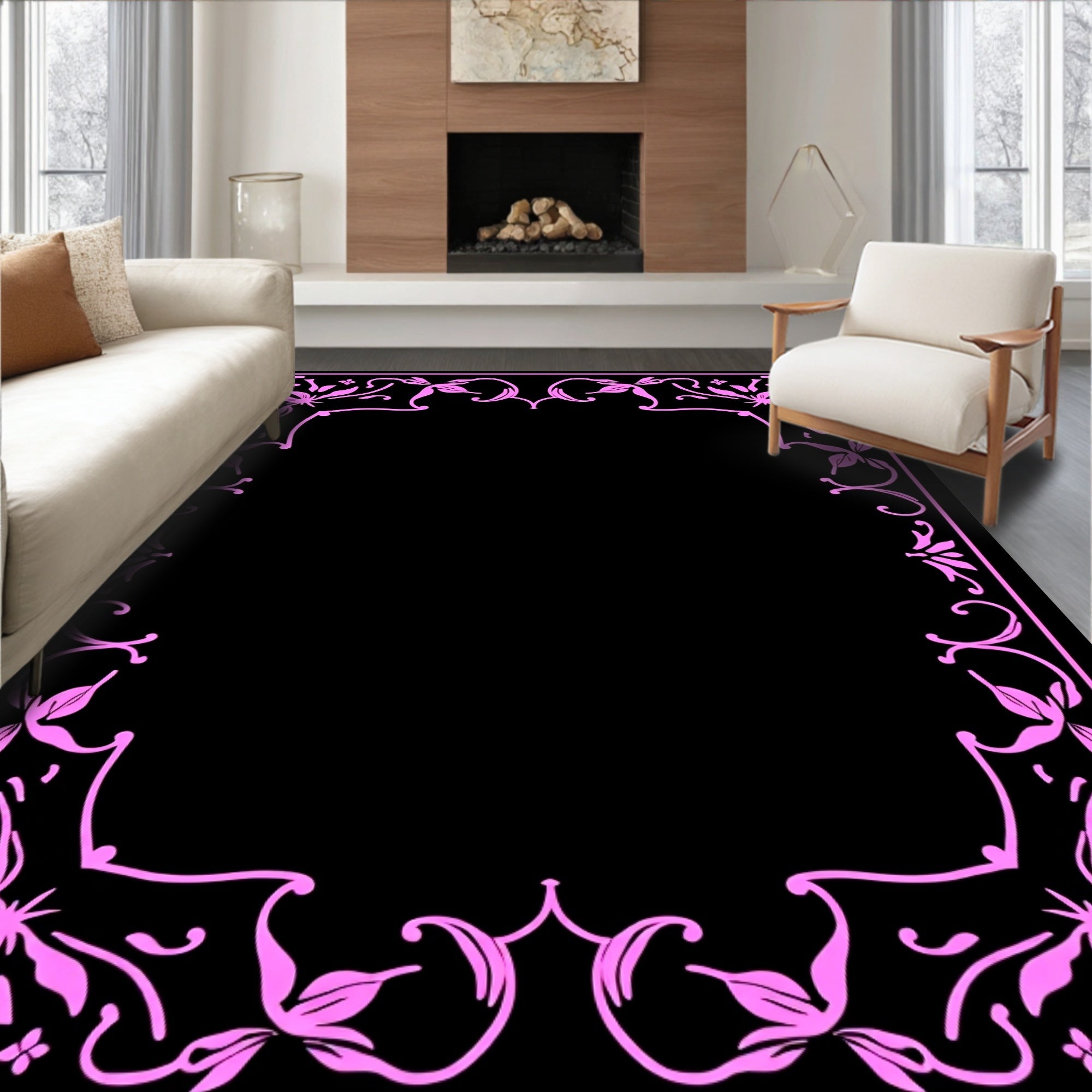 Pink Floral Vine Border Rug
