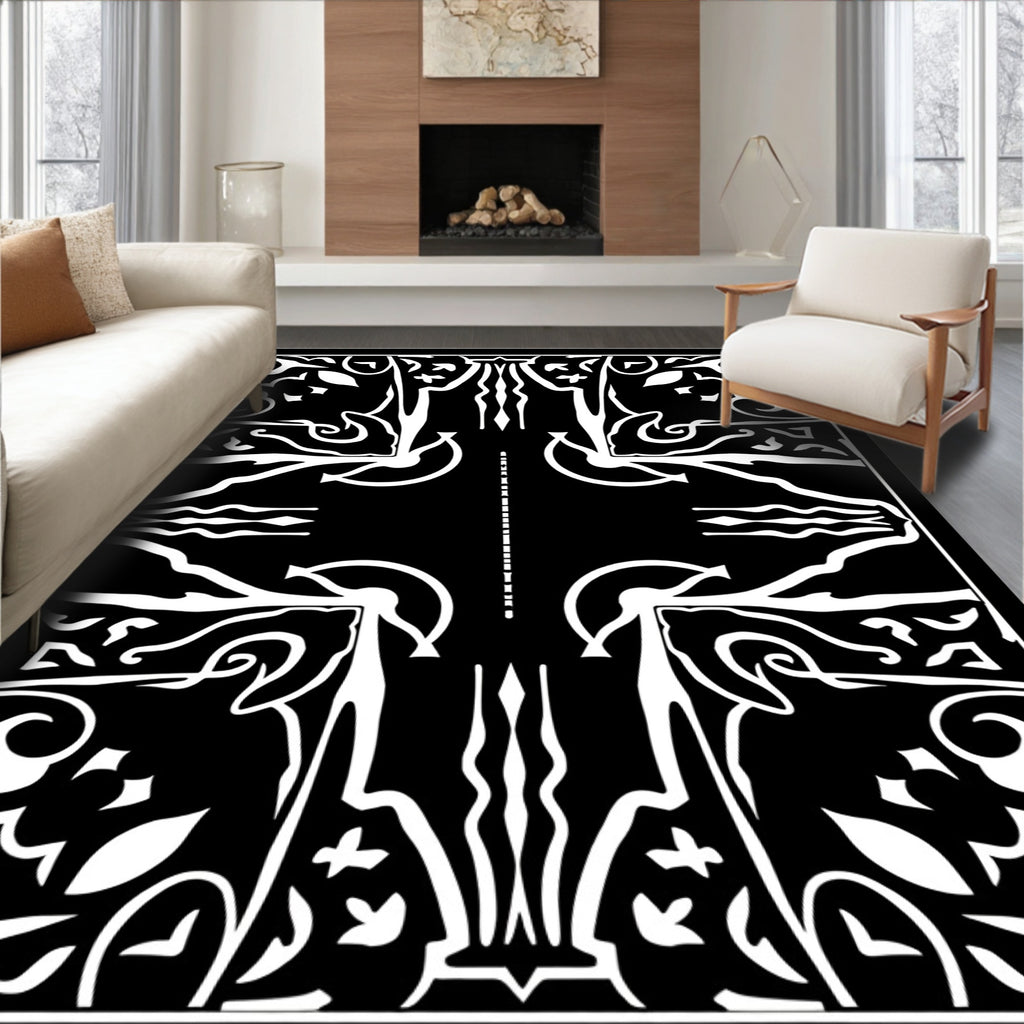 Abstract Black White Ornamental Motif Rug