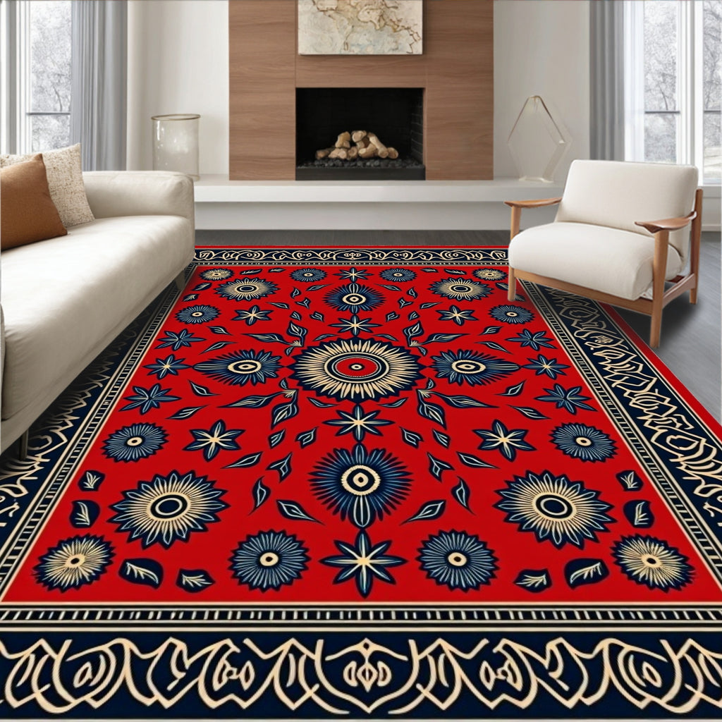 Bold Floral Red Cream Navy Rug