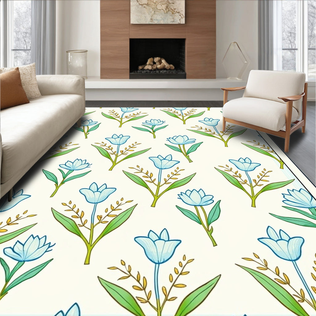 Light Blue Floral Botanical Pattern Rug