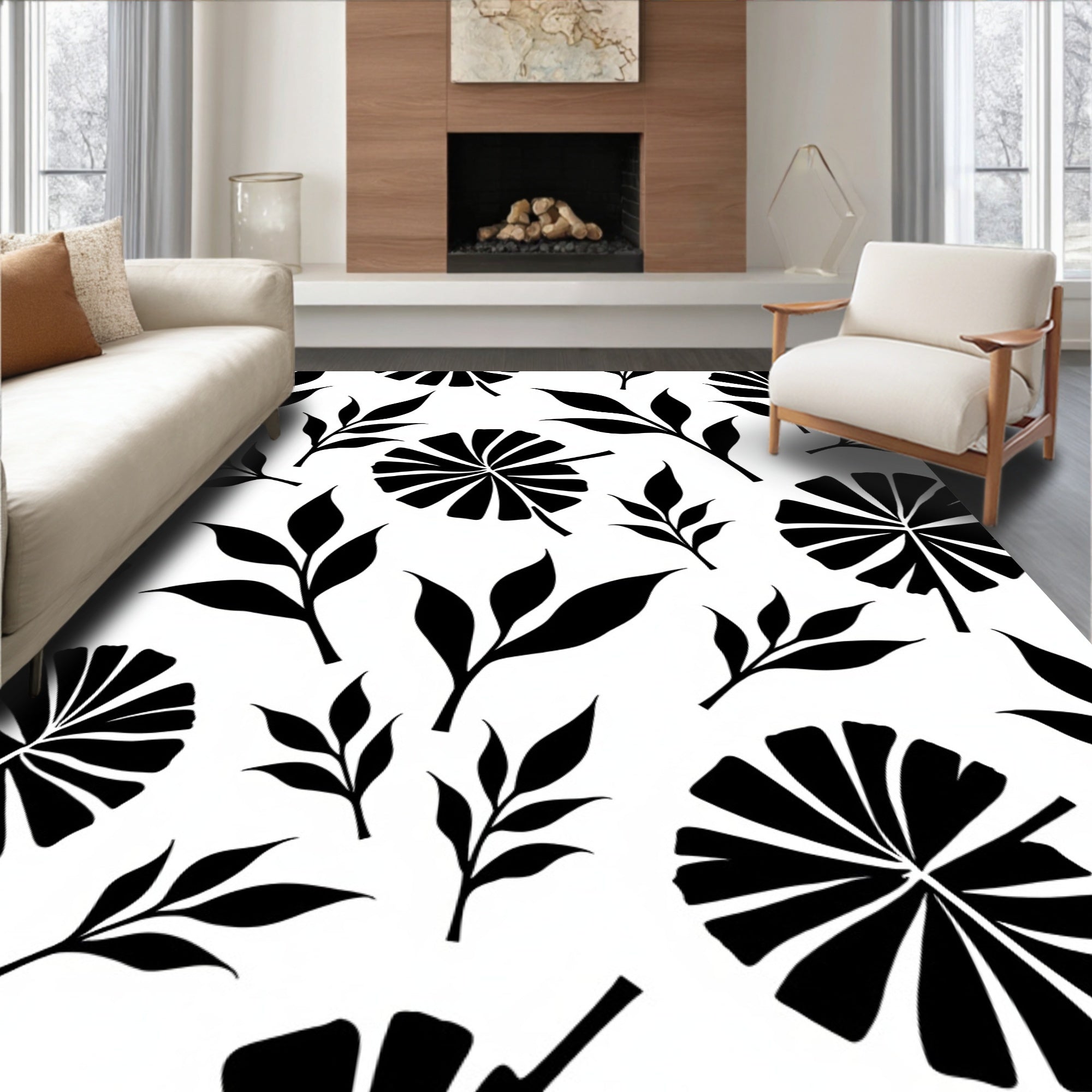 Black White Leafy Tropical Pattern Rug