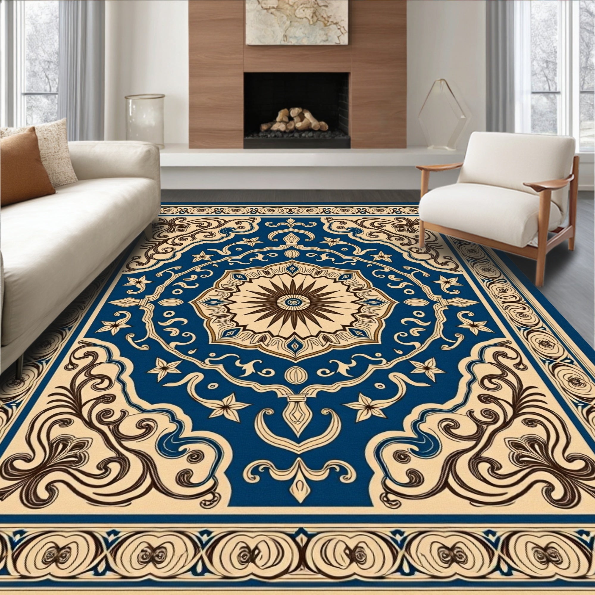Rich Blue Floral Medallion Pattern Rug