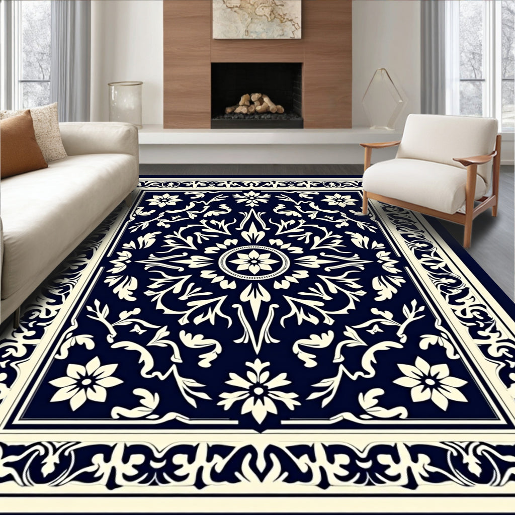Ornate Floral Symmetry Navy Rug