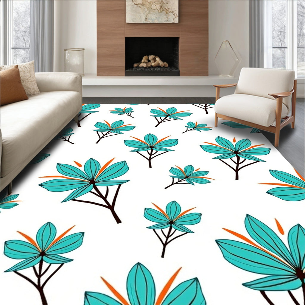 Teal Orange Leaf Pattern Design Rug