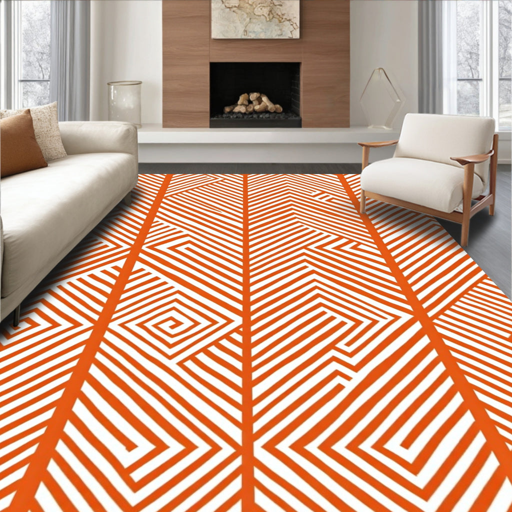 Bold Orange Geometric Labyrinth Pattern Rug