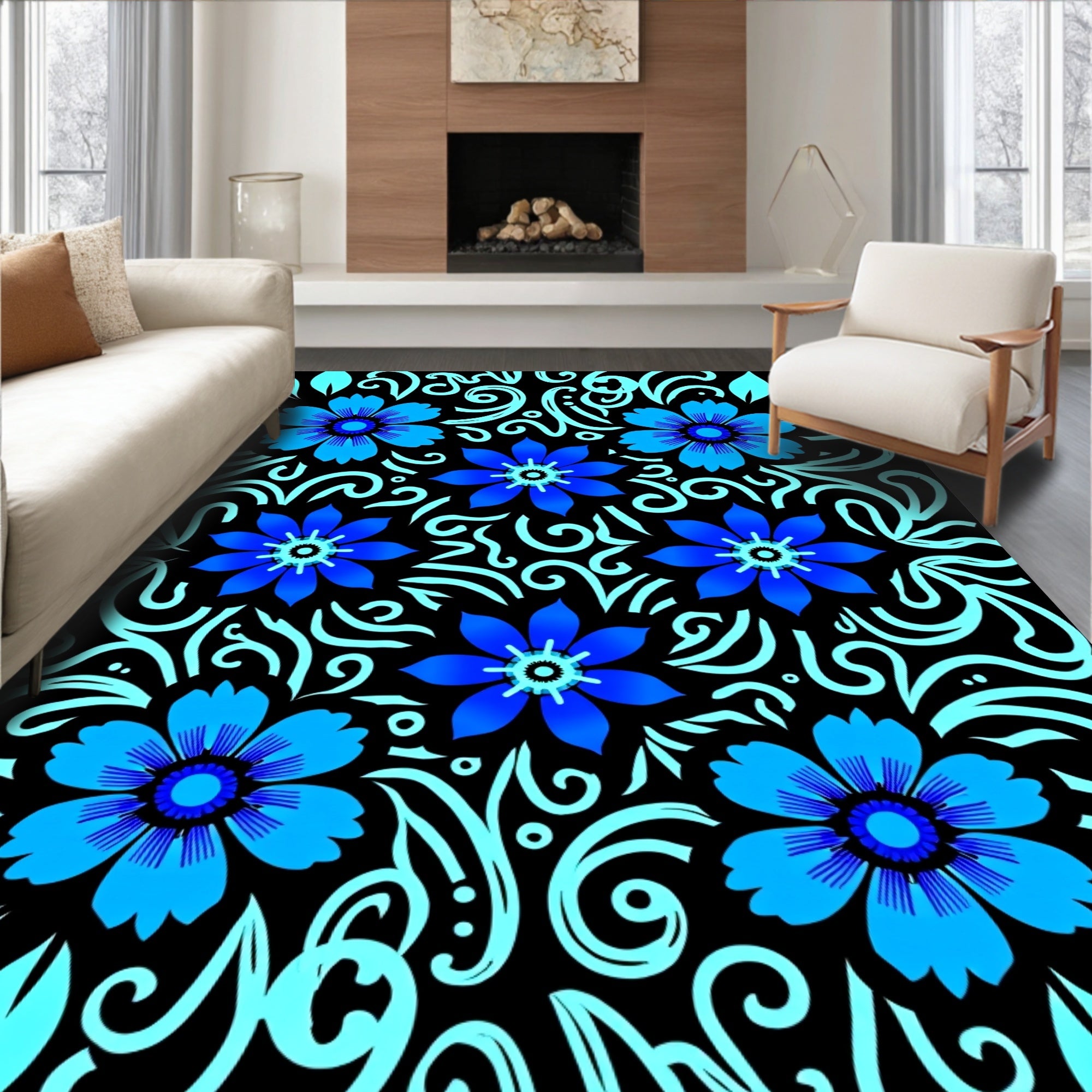 Vibrant Blue Floral Swirls Rug