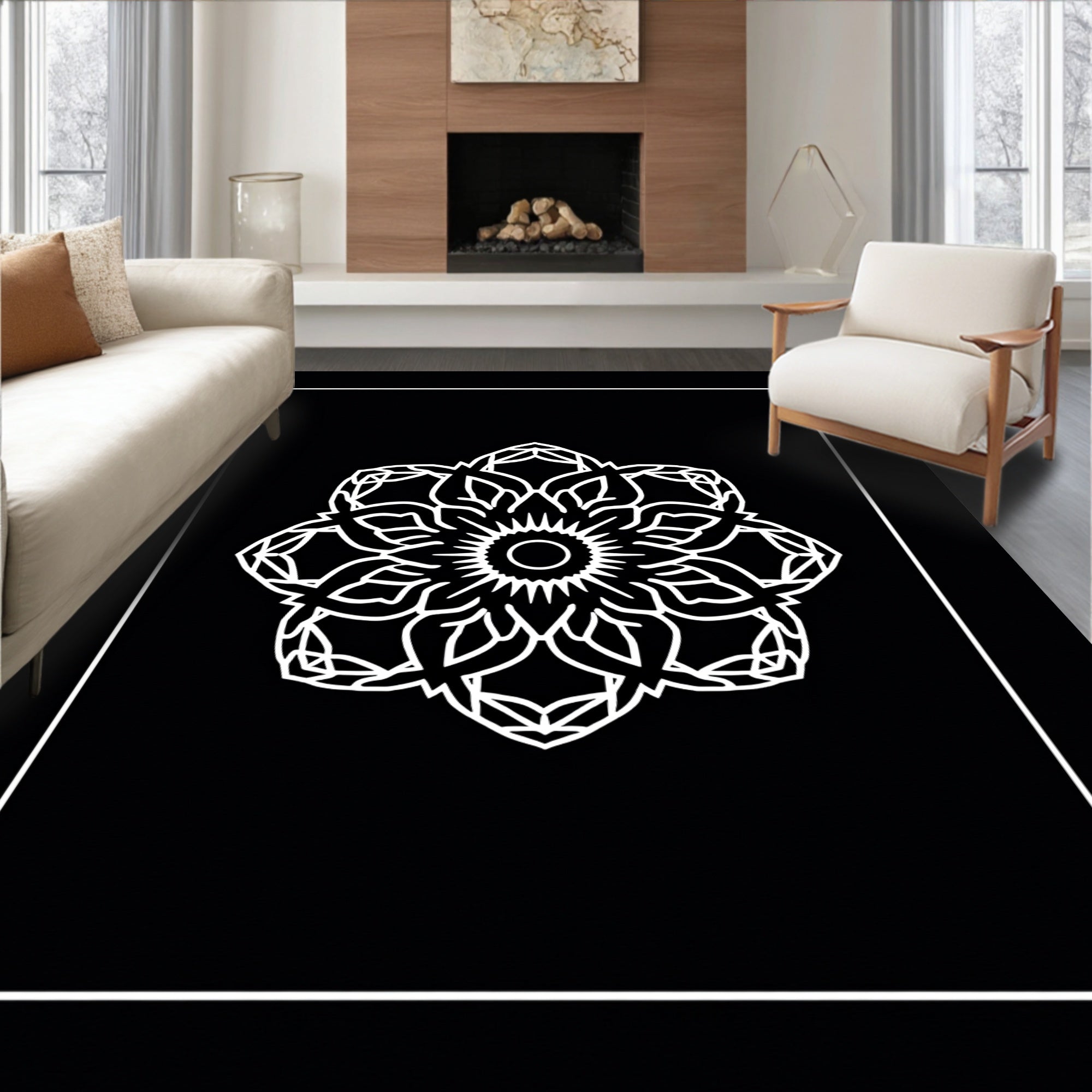 Monochromatic Mandala Bloom Pattern Rug