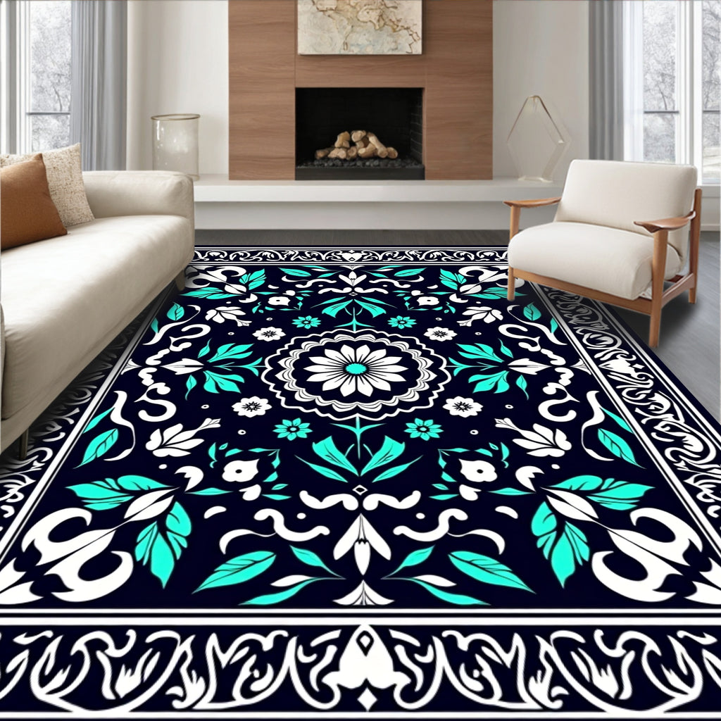Ornate Teal White Floral Medallion Rug