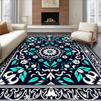 Ornate Teal White Floral Medallion Rug