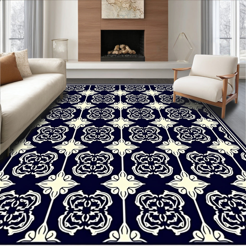 Elegant Cream Navy Classic Pattern Rug