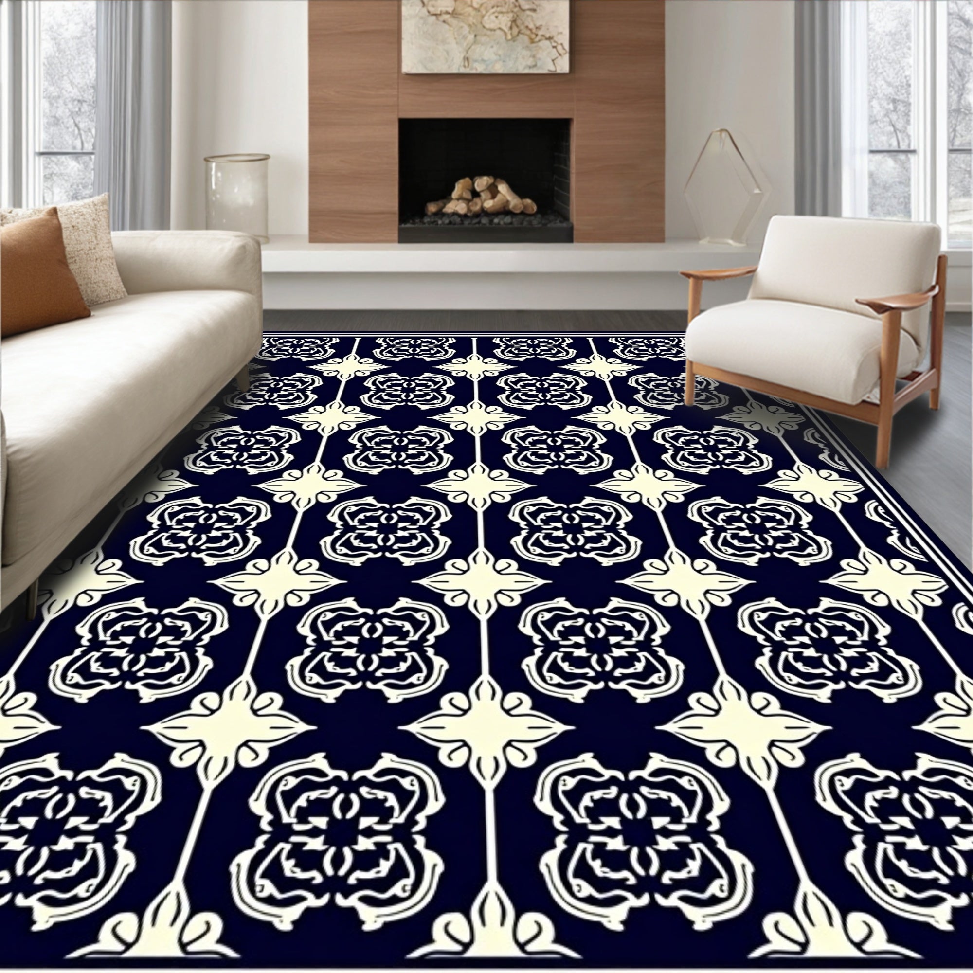 Elegant Cream Navy Classic Pattern Rug