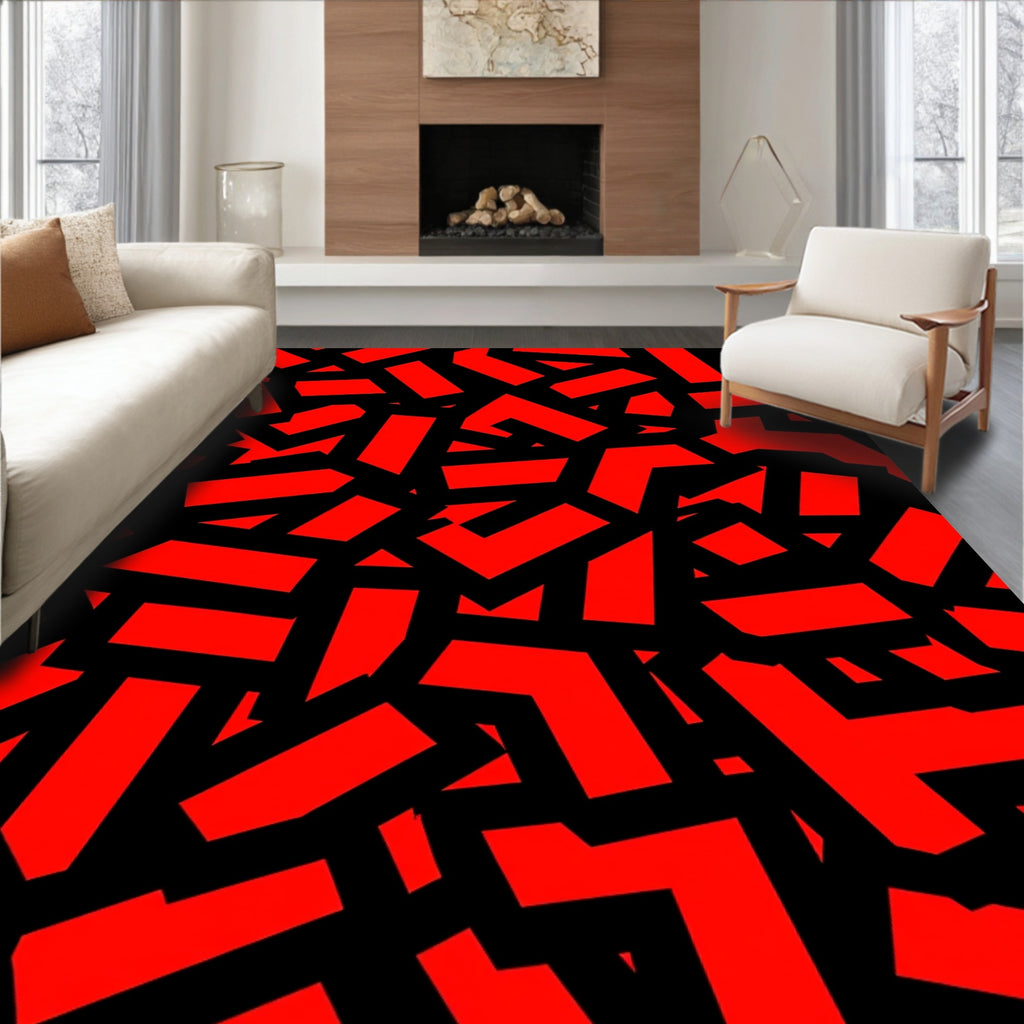Bold Geometric Abstract Red Black Rug