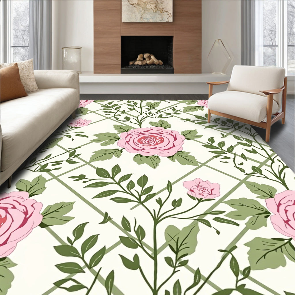 Charming Pink Rose Garden Trellis Rug