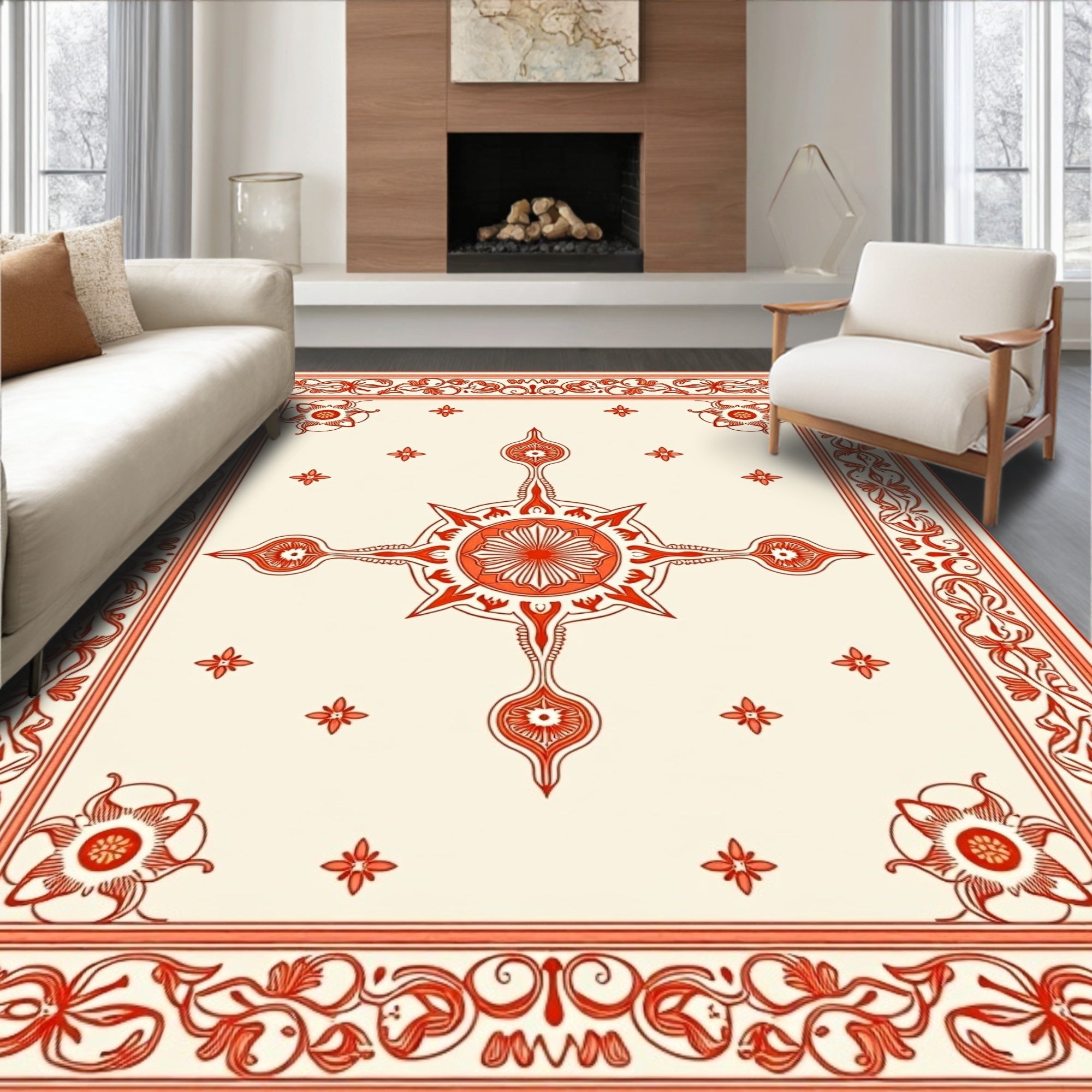 Ornate Coral Floral Medallion Design Rug
