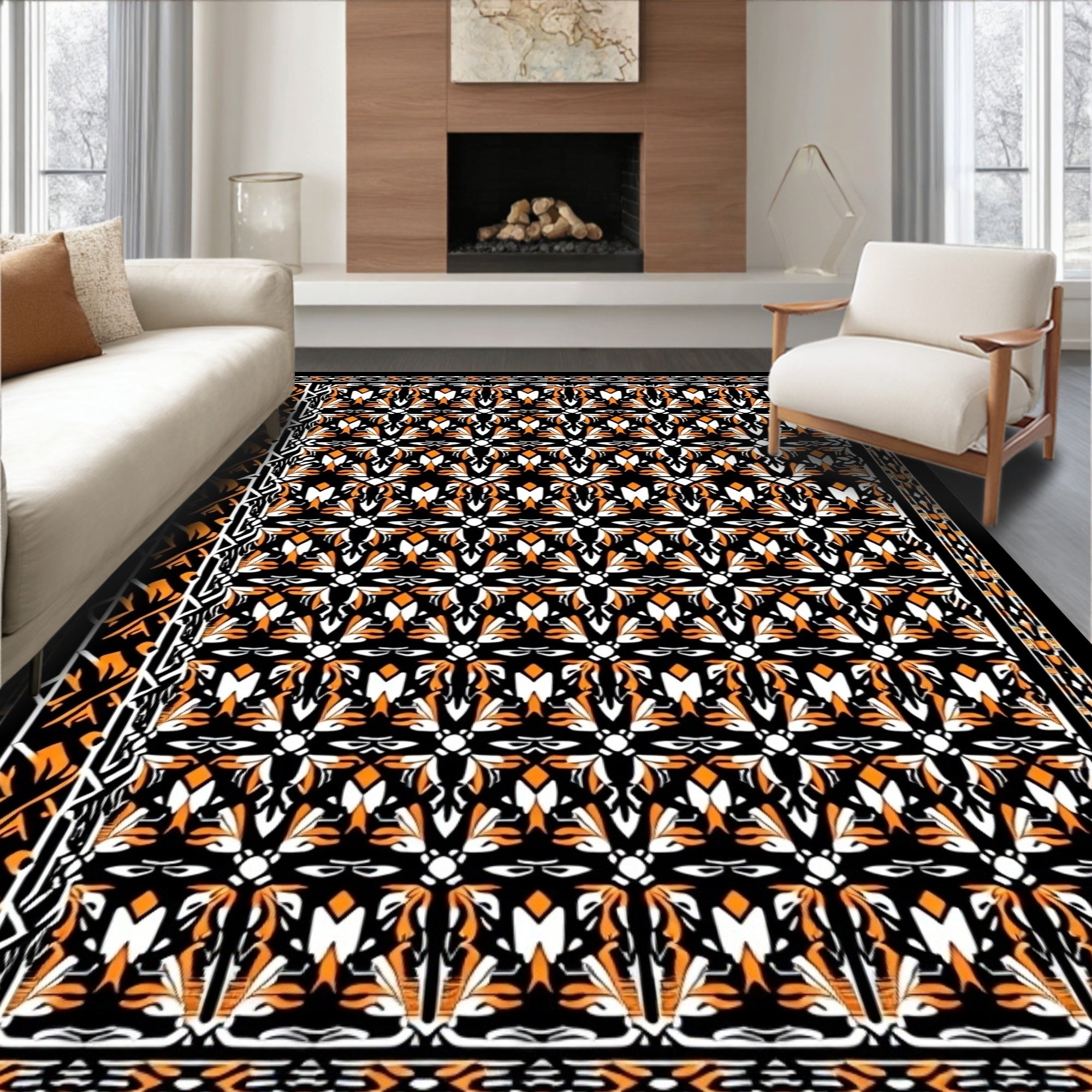 Bold Orange And White Floral Pattern Rug