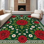 Emerald Green Red Rose Blossom Rug
