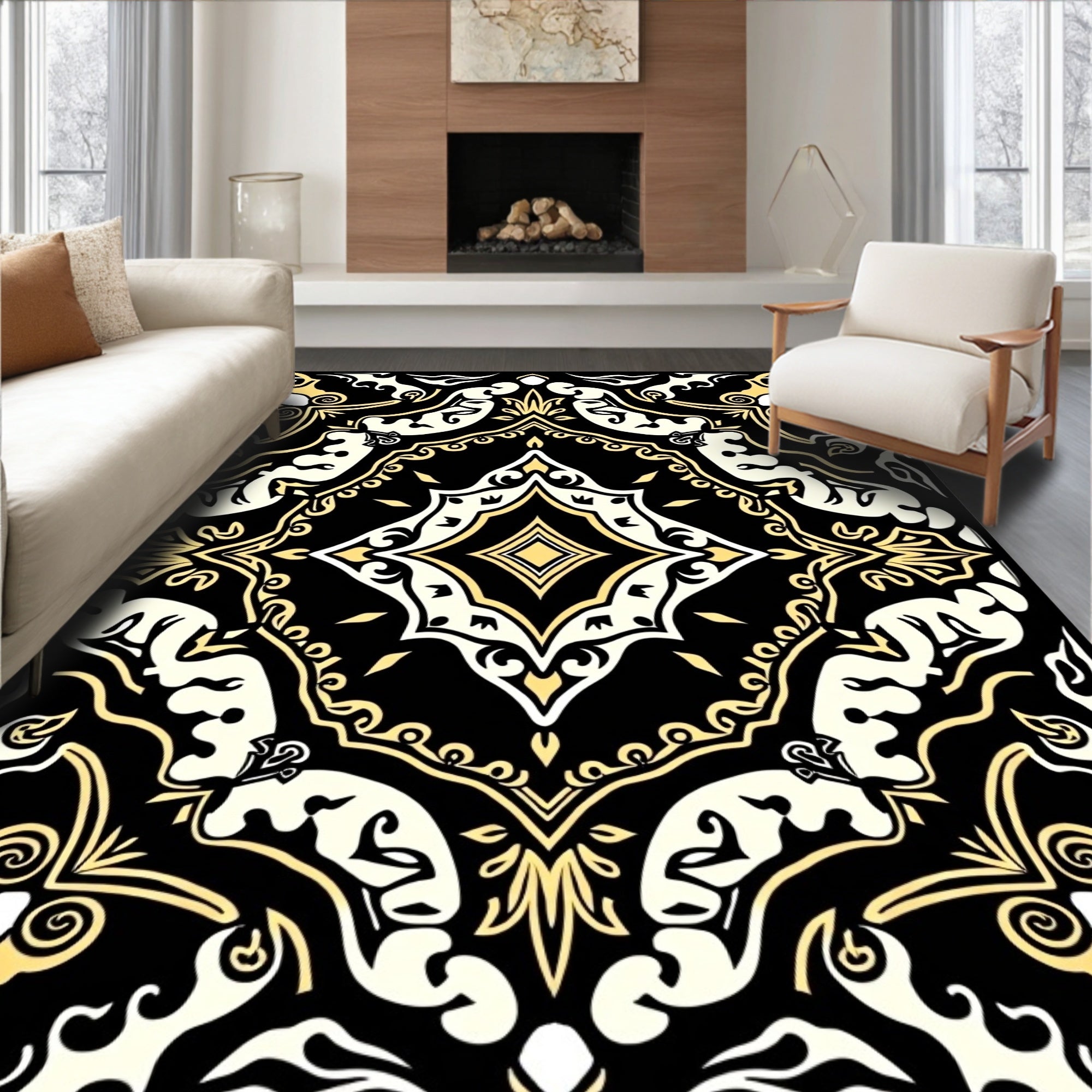 Ornate Black Yellow Geometric Pattern Rug