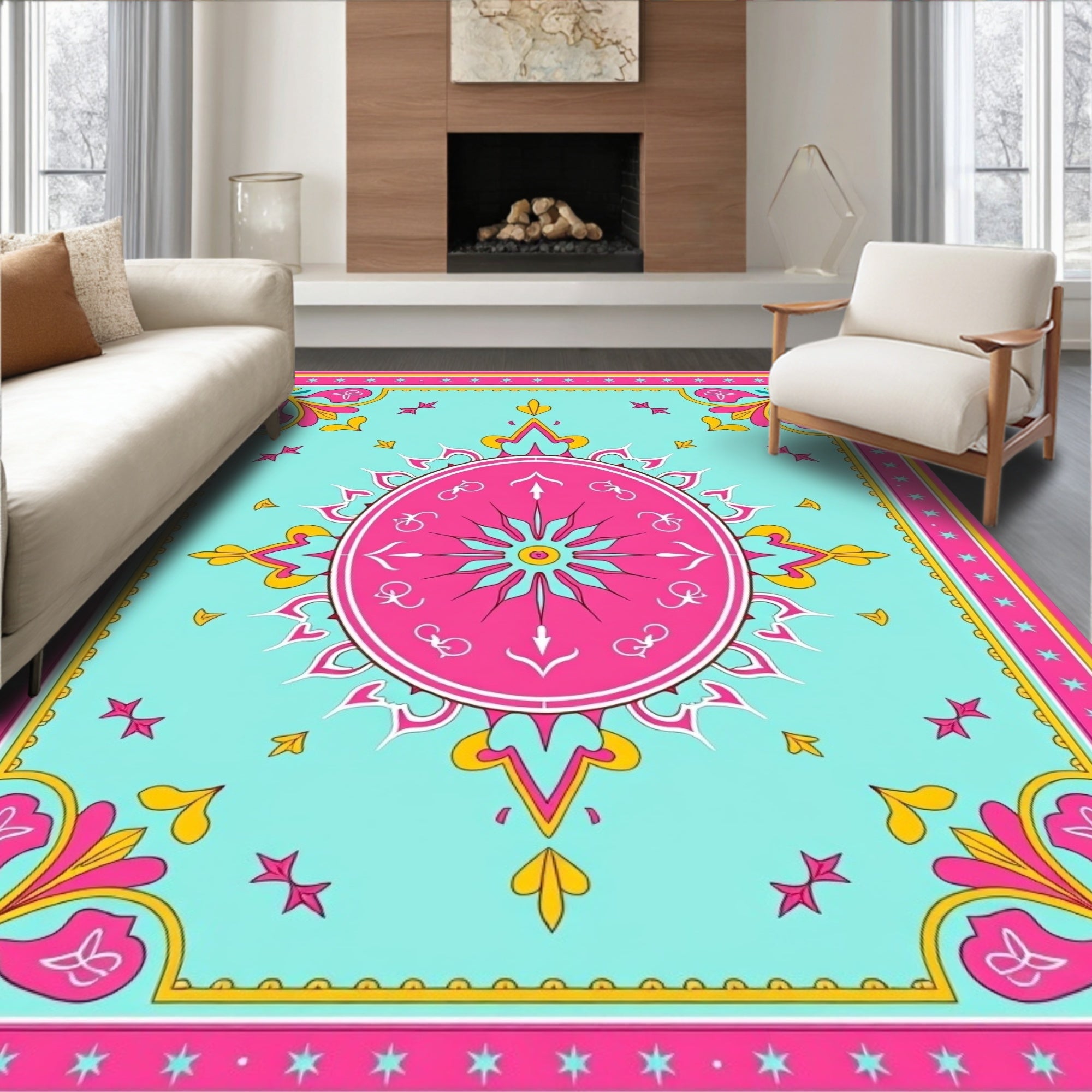 Vibrant Folk Art With Mandala Design Rug