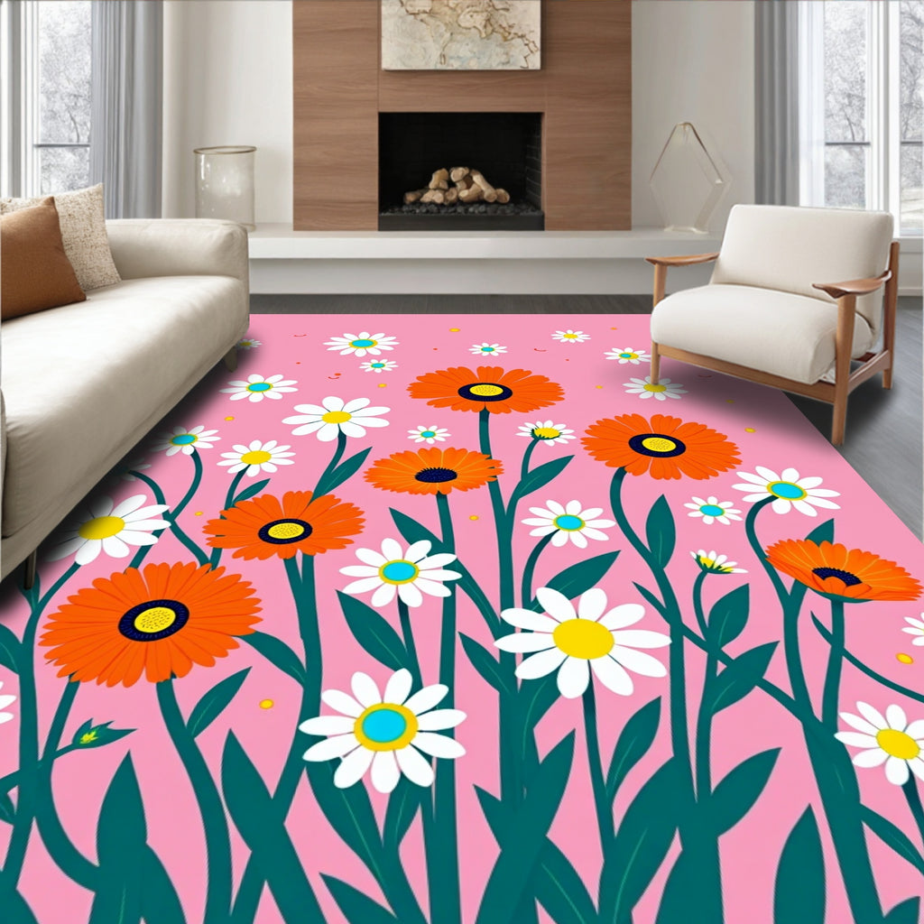 Orange and White Daisy Floral Garland Rug