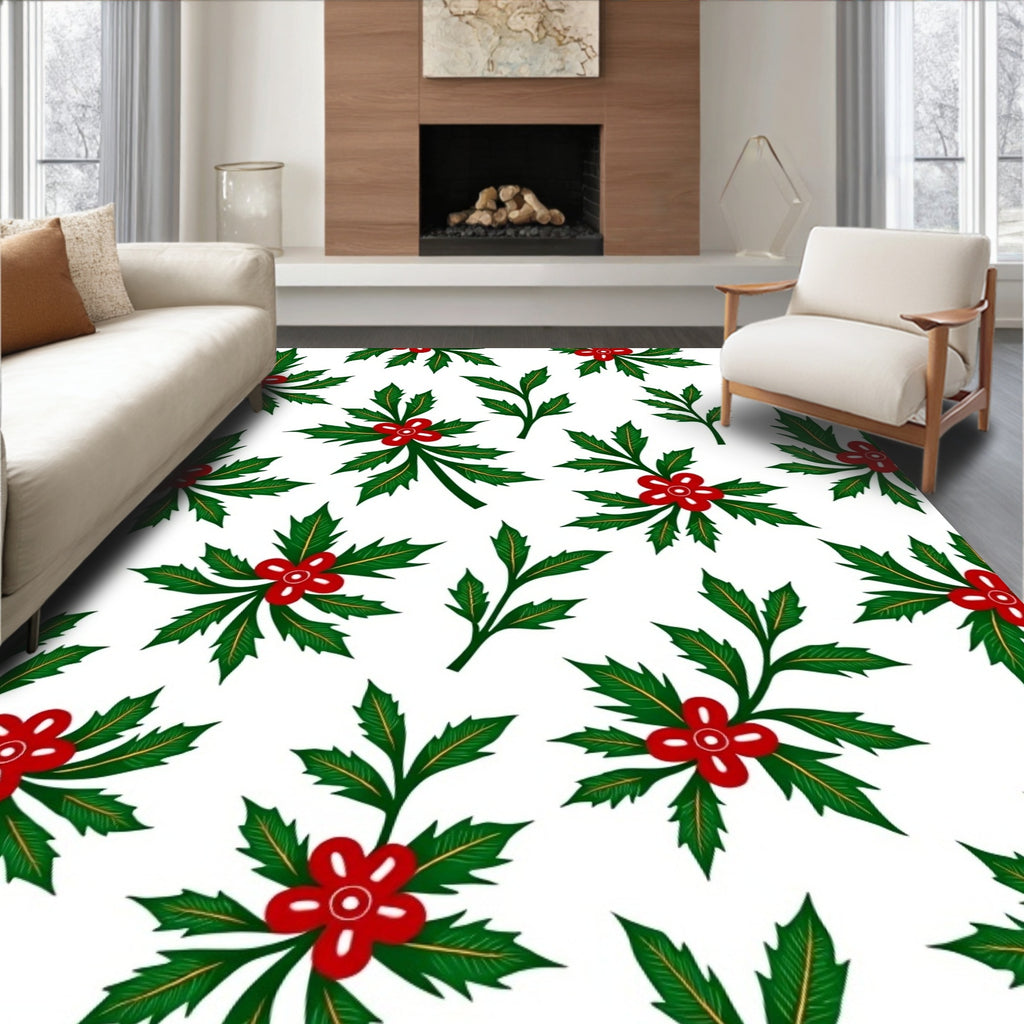 Festive Green Holly Red Flower Branch Rug