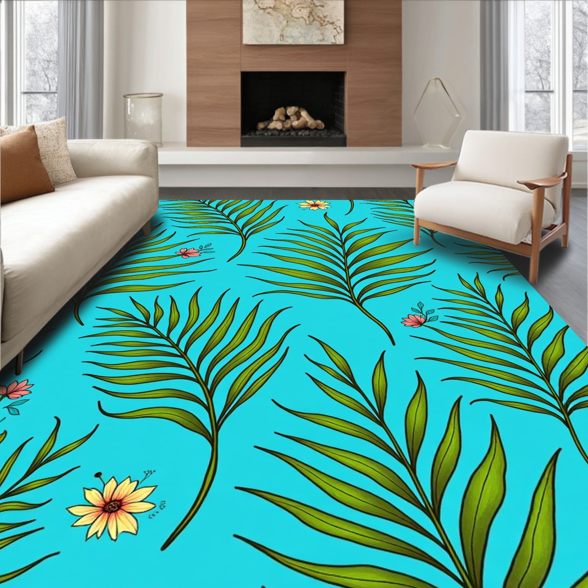 Tropical Palm Leaf Flower Pattern Rug