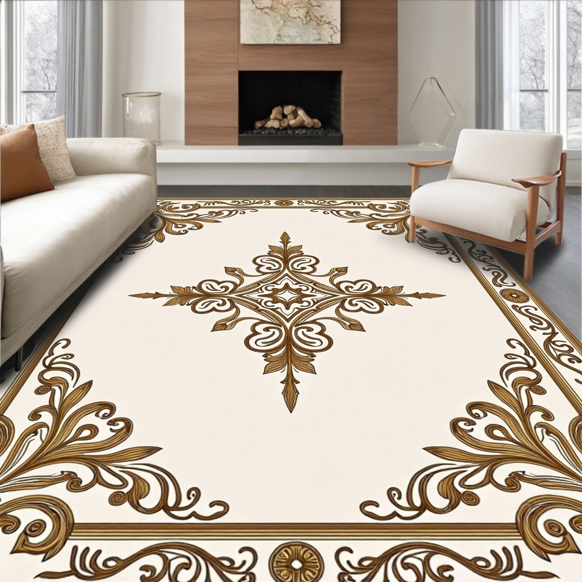 Ornate Gold Filigree Classic Frame Rug