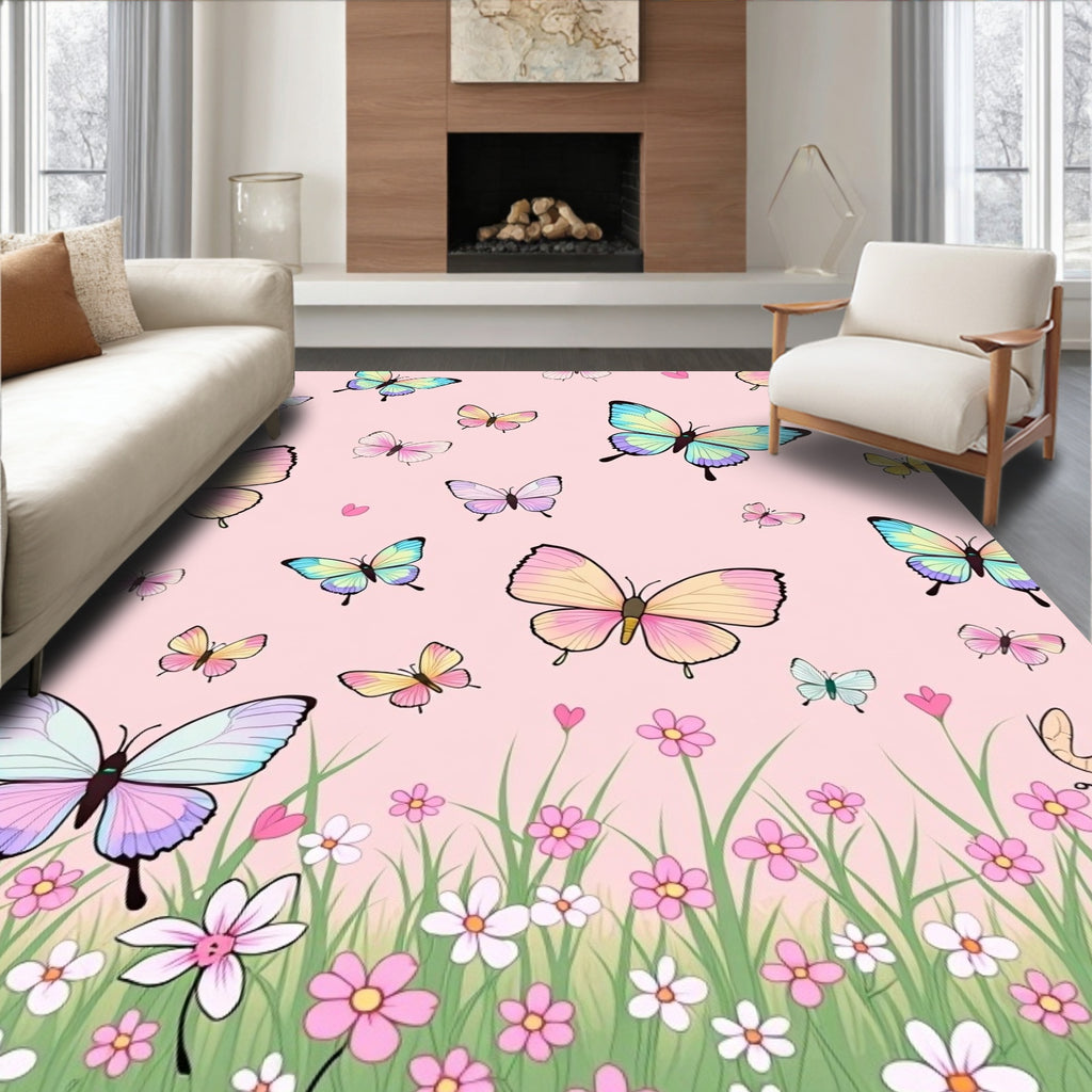Pastel Butterflies Among Flowers Rug