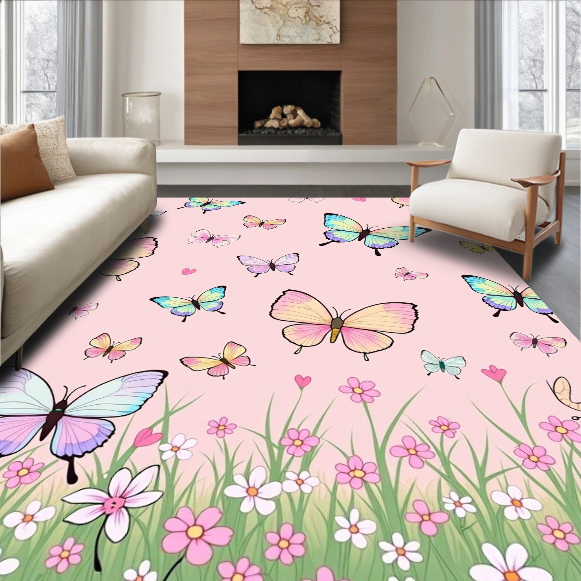 Pastel Butterflies Among Flowers Rug