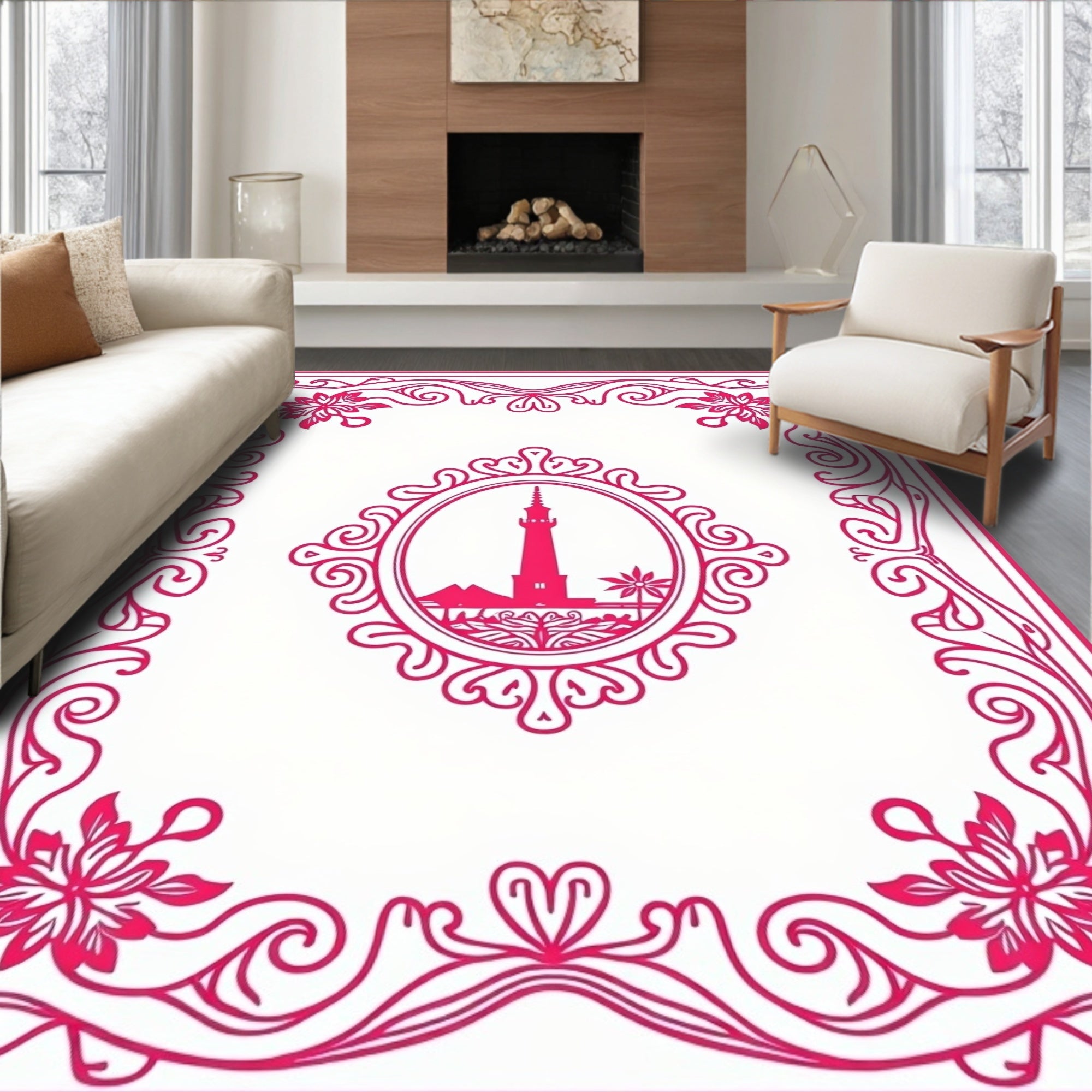 Coastal Lighthouse Floral Frame Rug