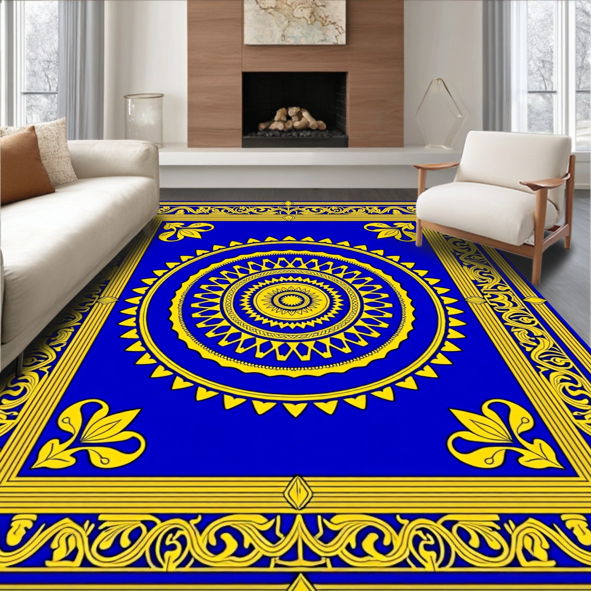 Royal Blue Yellow Ornamental Medallion Rug