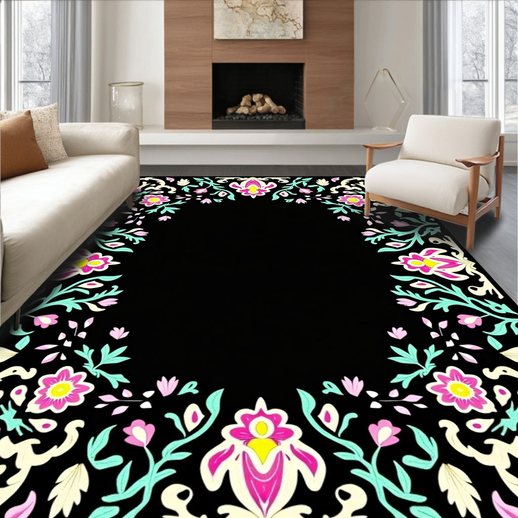 Vibrant Floral Border Pattern Design Rug